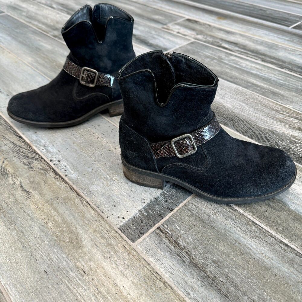 Ugg Boots Black Suede Chelsea with Snakeskin Buckle Zip Up Block Heel Shearling